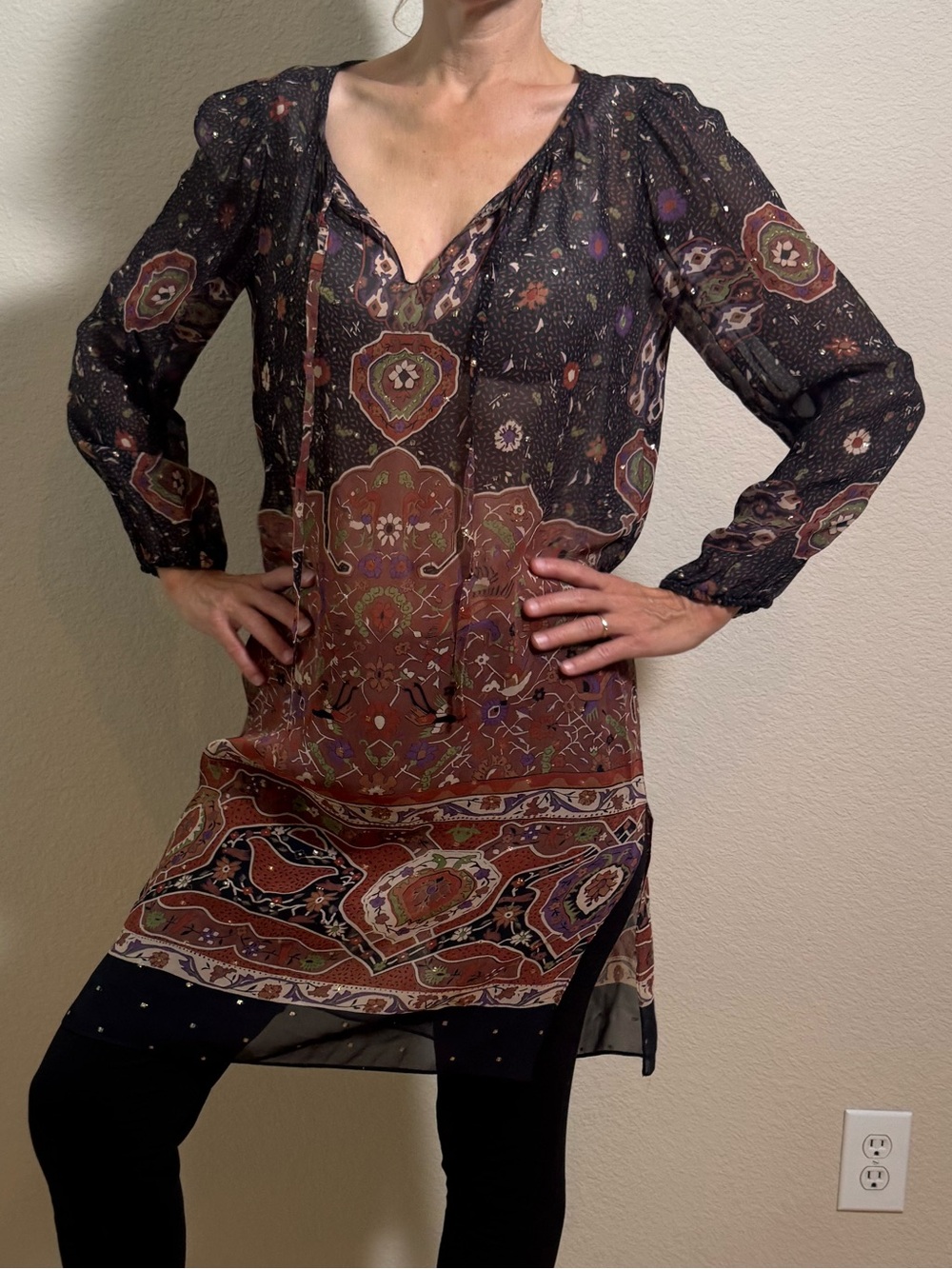 AUTHENTIC SHEER VINTAGE 1970’s TUNIC WITH GOLD FILIGREE EMBELLISHMENT